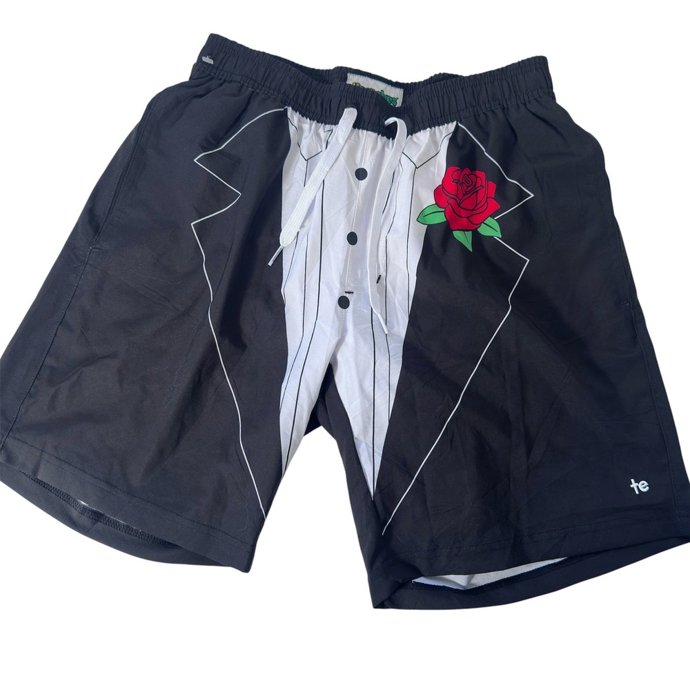 Tipsy Elves Tuxedo Swim Trunks Mens M Black Novelty Formal Rose Graphic Shorts
